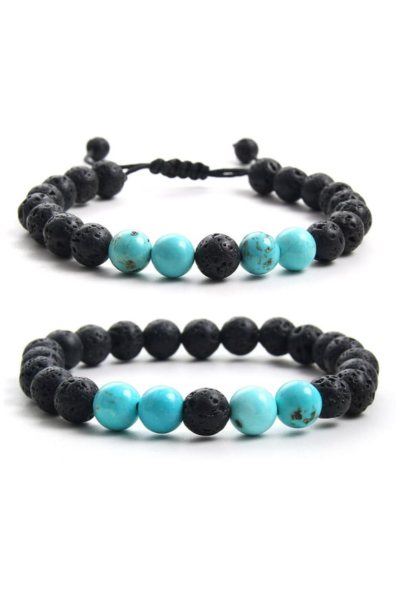 2pcs/set Natural Stone Braided Rope Bracelet, 8mm Lava Stone Beaded Bracelet Set for Men