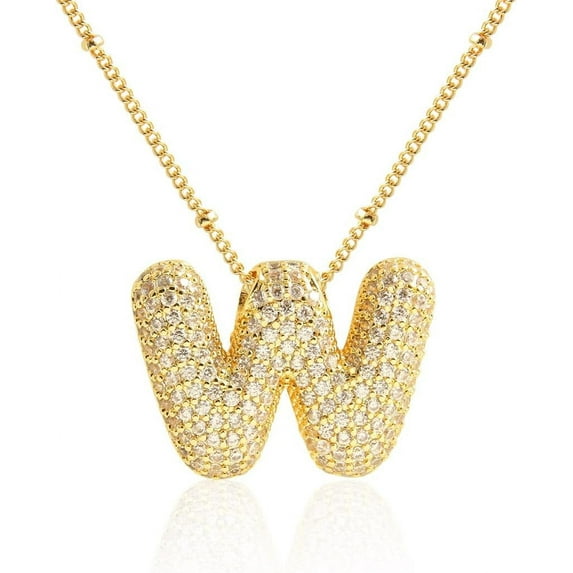 Z ZACHÉ Gold A-Z Bubble Letter Necklace 18K Gold Plated -- Dainty Cubic Zirconia Pendant, Balloon Initial Necklace for Women - Letter W