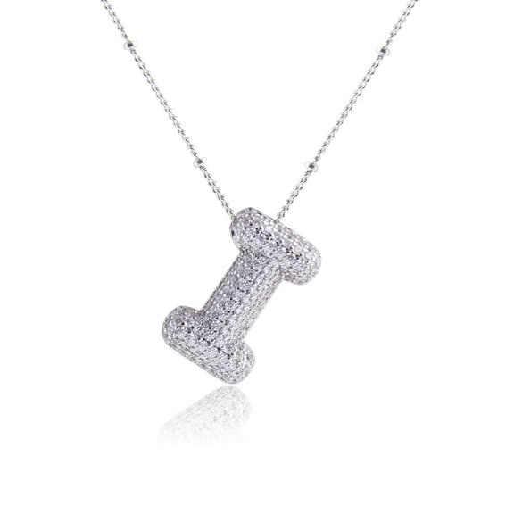 Z ZACHÉ Bubble Initial Necklace 18K White Gold Plated - Dainty Cubic Zirconia for Women - Silver Letter I