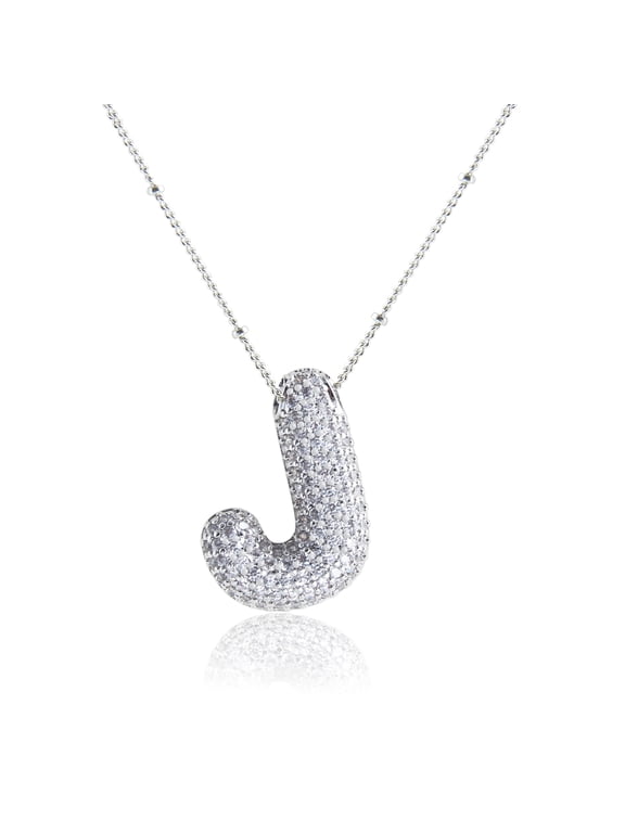 É Bubble Initial Necklace 18K White Gold Plated - Dainty Cubic Zirconia for Women - Silver Letter J