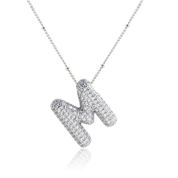 Z ZACHÉ Bubble Initial Necklace 18K White Gold Plated - Dainty Cubic Zirconia for Women - Silver Letter M