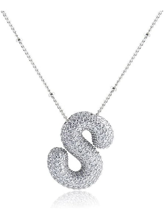 É Bubble Initial Necklace 18K White Gold Plated - Dainty Cubic Zirconia for Women - Silver Letter S