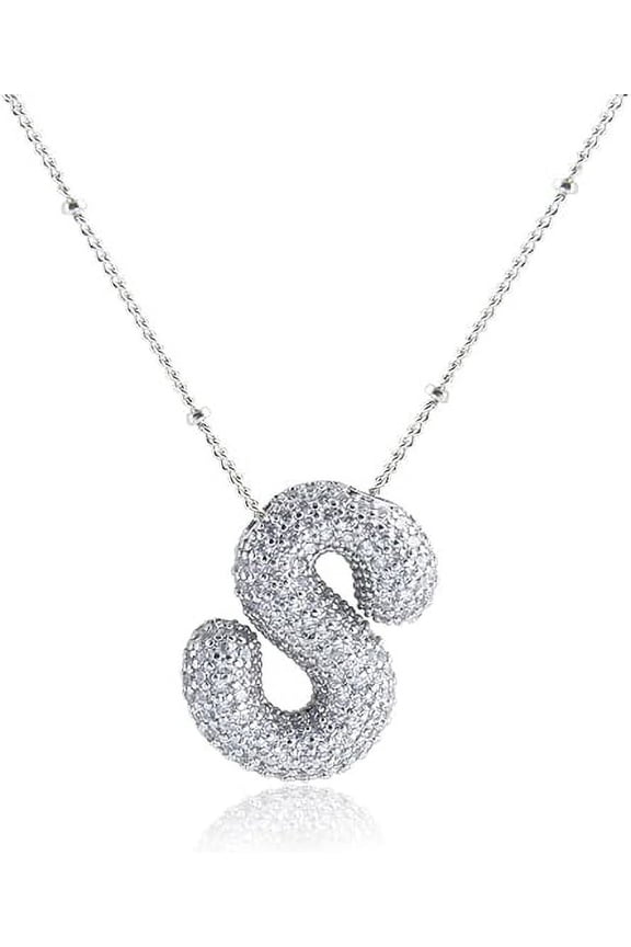 É Bubble Initial Necklace 18K White Gold Plated - Dainty Cubic Zirconia for Women - Silver Letter S