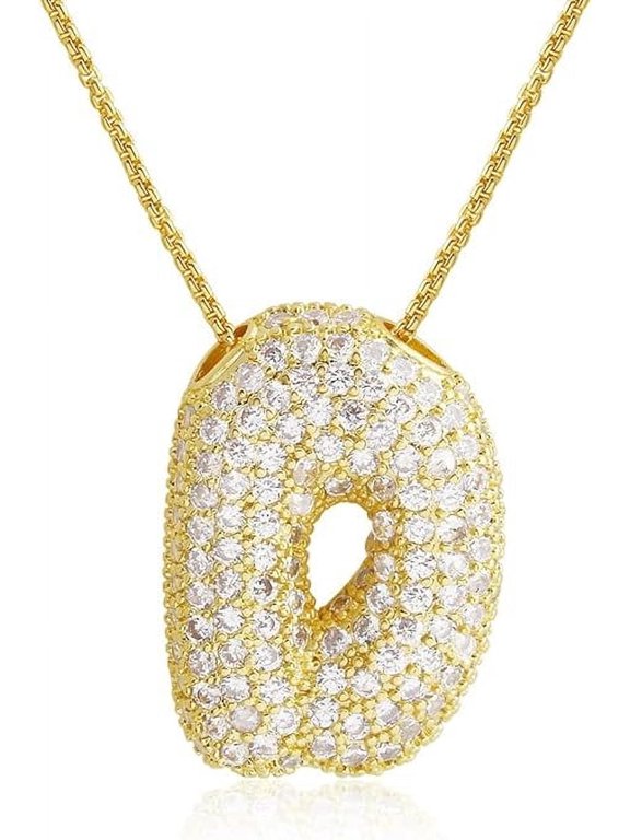 É Bubble Letter Necklace 18k Gold Plated Dainty Pave Cubic Zirconia for Women - Letter D