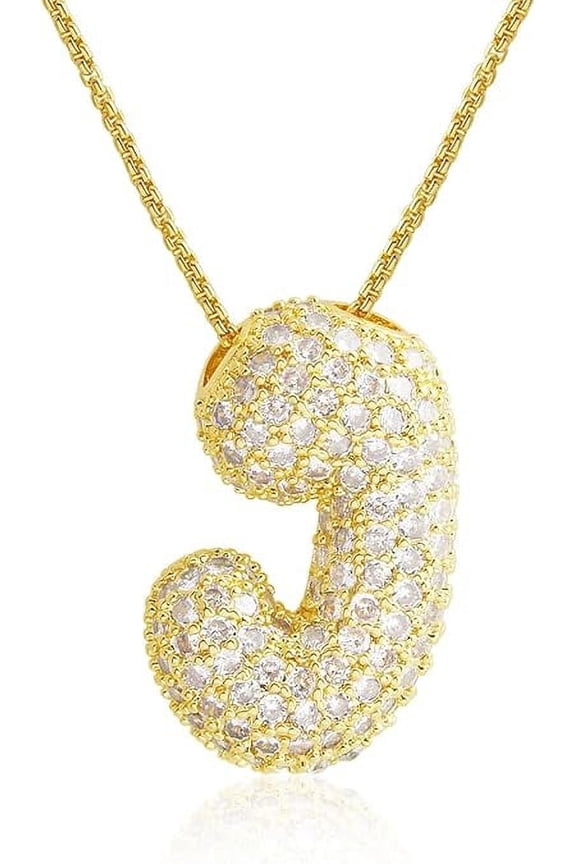 É Bubble Letter Necklace 18k Gold Plated Dainty Pave Cubic Zirconia for Women- Letter J