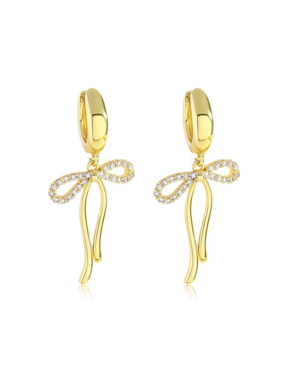 É Gold Bow Dangle Earrings Cubic Zirconia 18k Gold Plated Hoop Ribbon Bow Dangle Earrings for Women