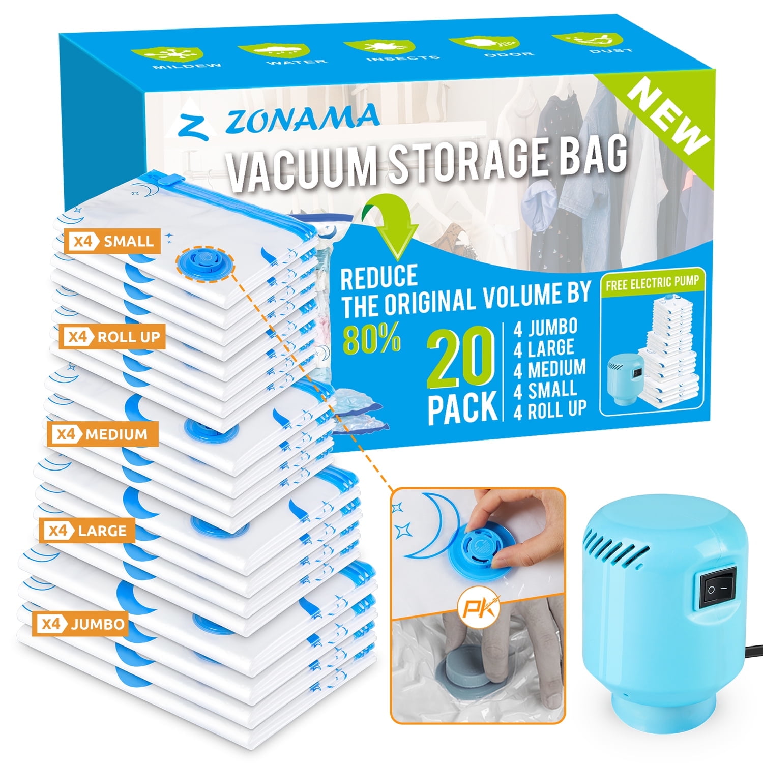 Vacuum Storage Bags 14 Pack, Variable Sizes with Travel Pump – Vacwel