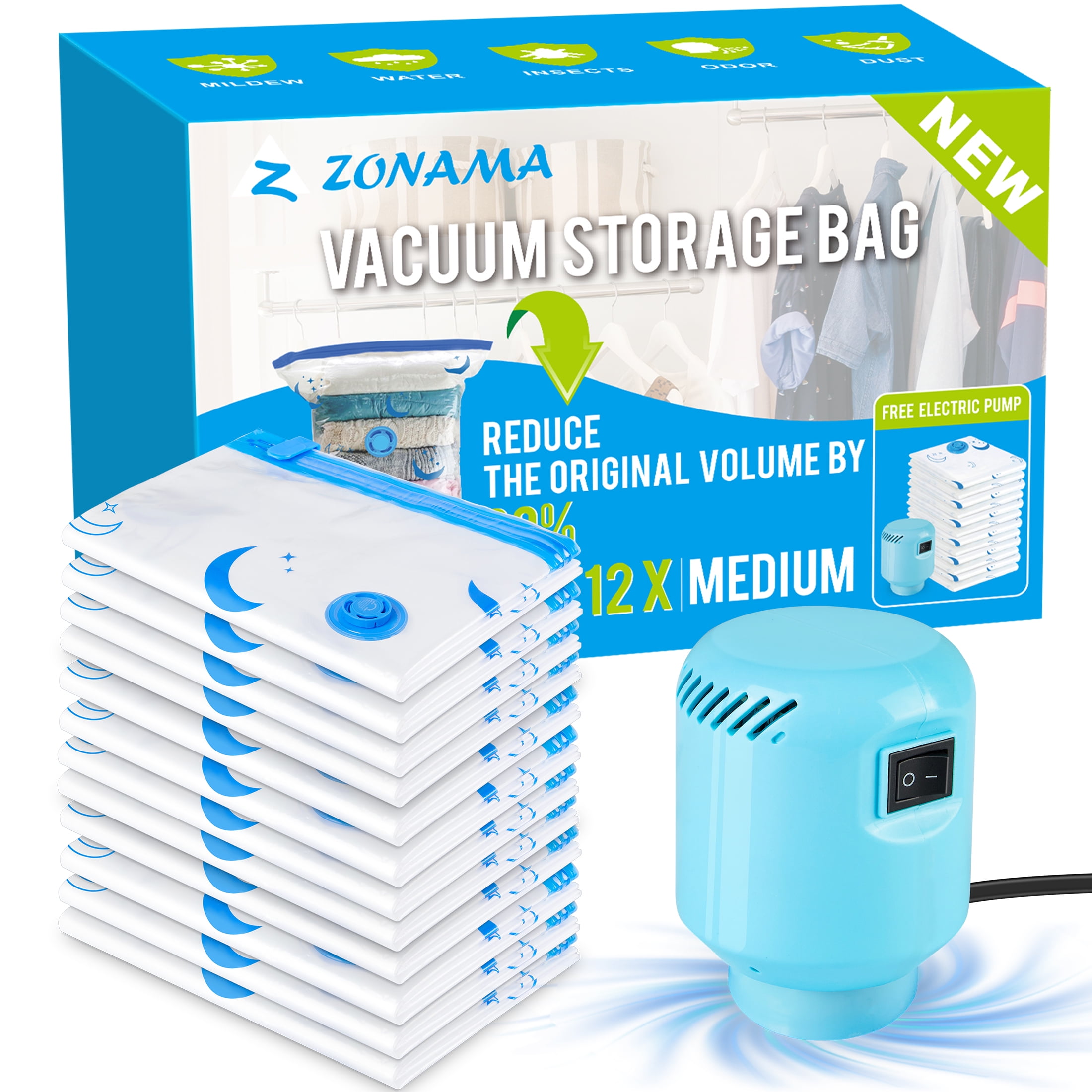 Z ZONAMA Vacuum Storage Bags with Electric Air Pump,12 Pack Medium Size 28"x 18" Vacuum Sealed