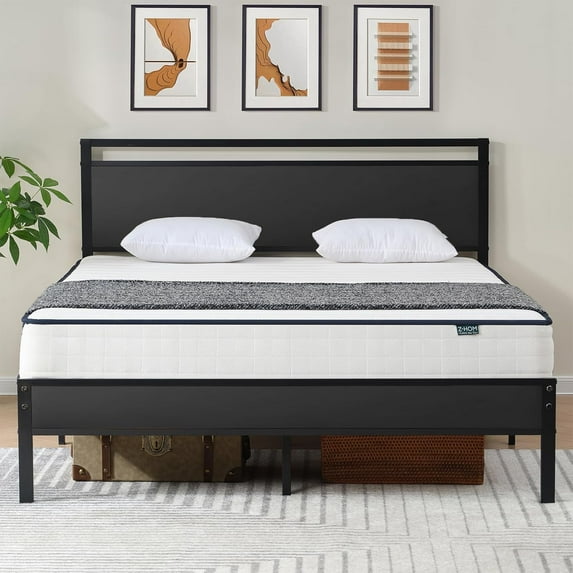 Z-HOM King Size Metal Platform Bed Frame with Wooden Headboard and Footboard,Black