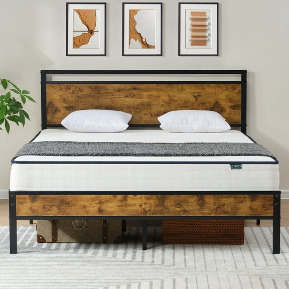 Z-HOM Queen Size Metal Platform Bed Frame with Wooden Headboard and Footboard,Vintage Brown