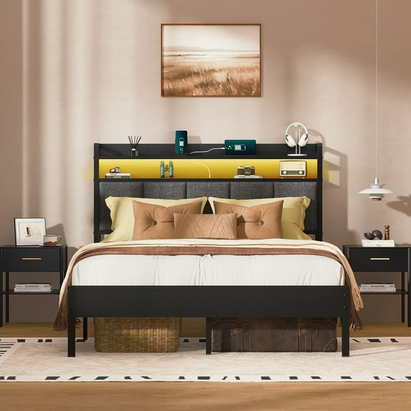 Z-hom Queen Bed Frame with LED Lights Headboard, Queen Size Heavy Duty Metal Hybrid Bed Frame Bed Base, Sturdy Upholstered Wooden Queen Platform Bed with Charging Ports & Storage Shelves