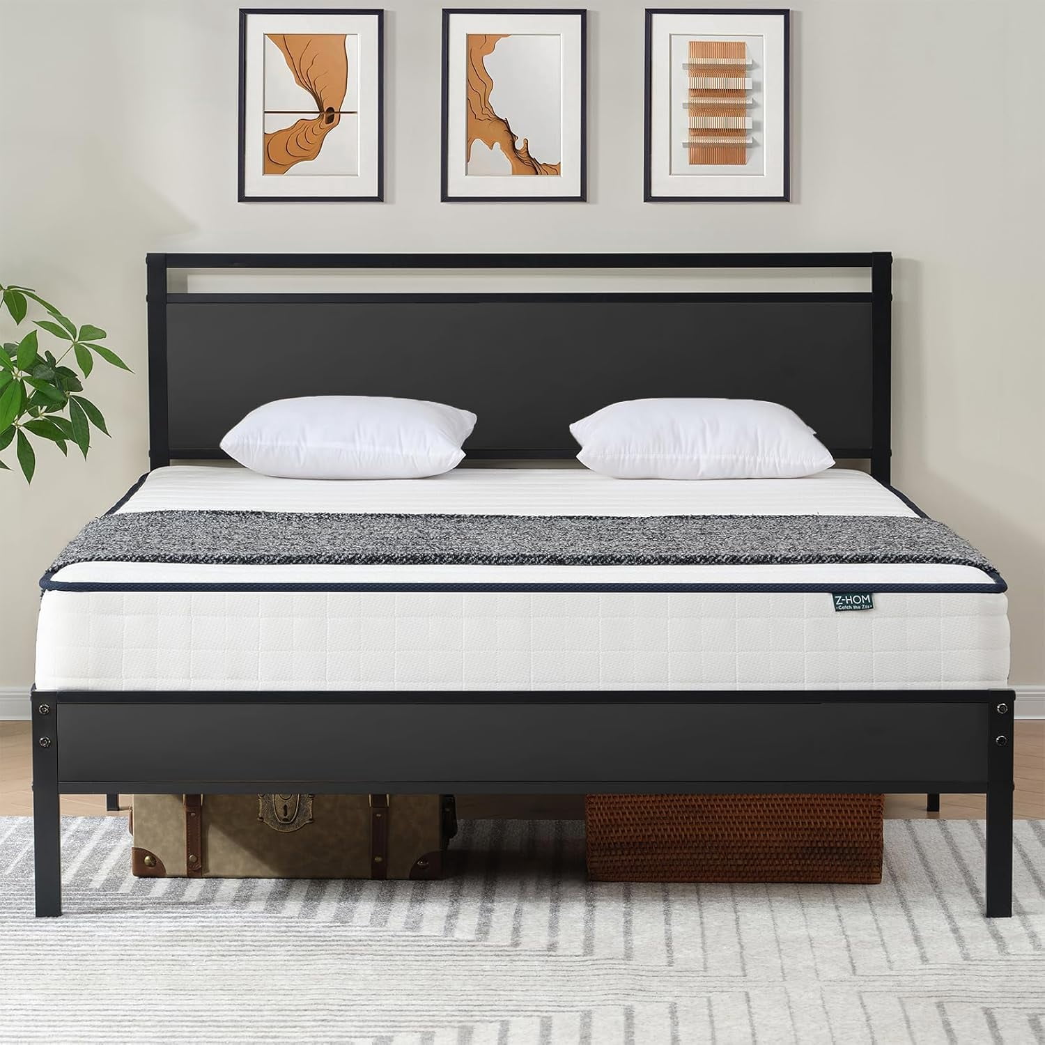 Z-hom Queen Bed Frame With Headboard & Footboard - Sturdy Metal Platform Bed, Walnut Finish 2 thumbnail image