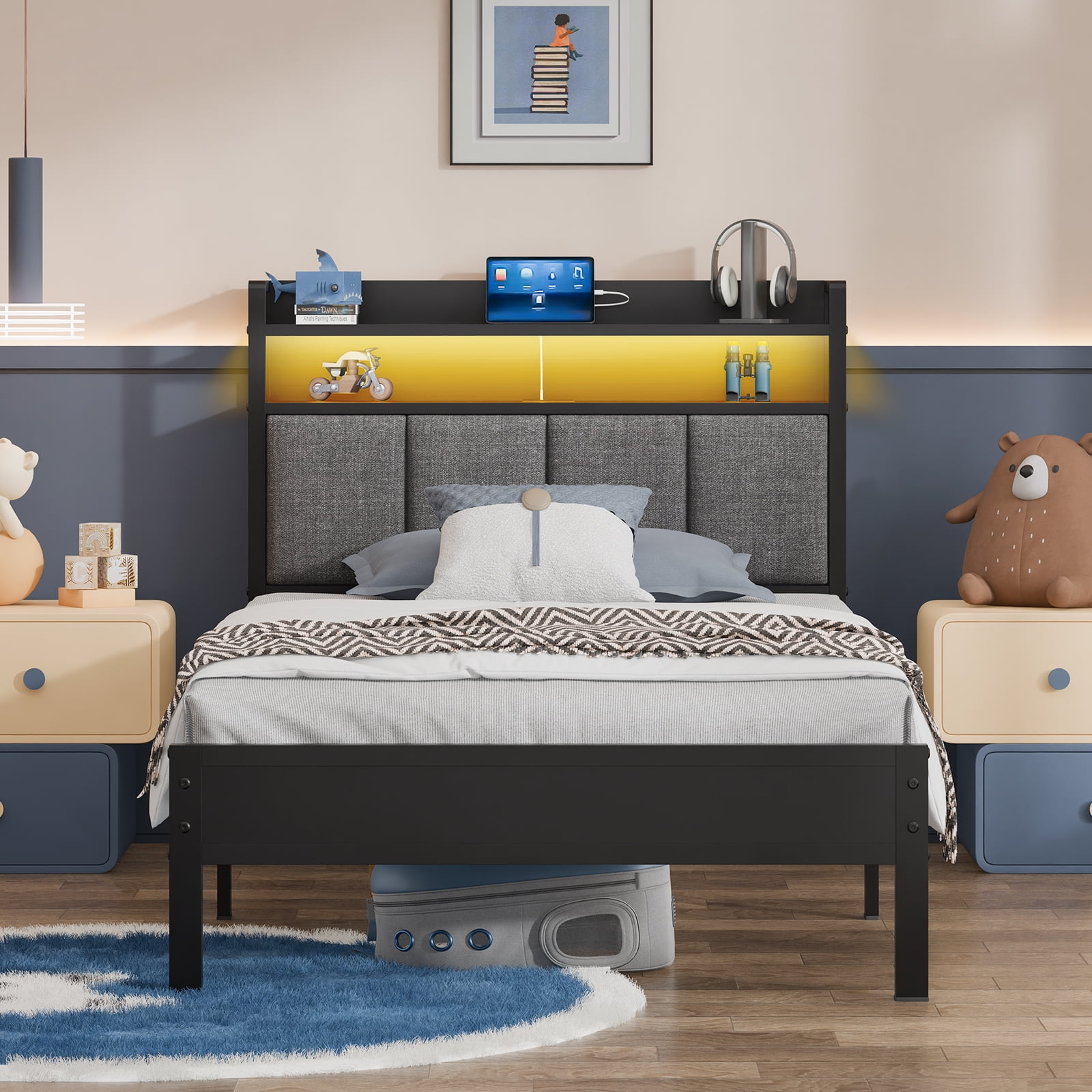 Z-HOM Twin Storage Metal Bed Frame with LED Lights USB Charging