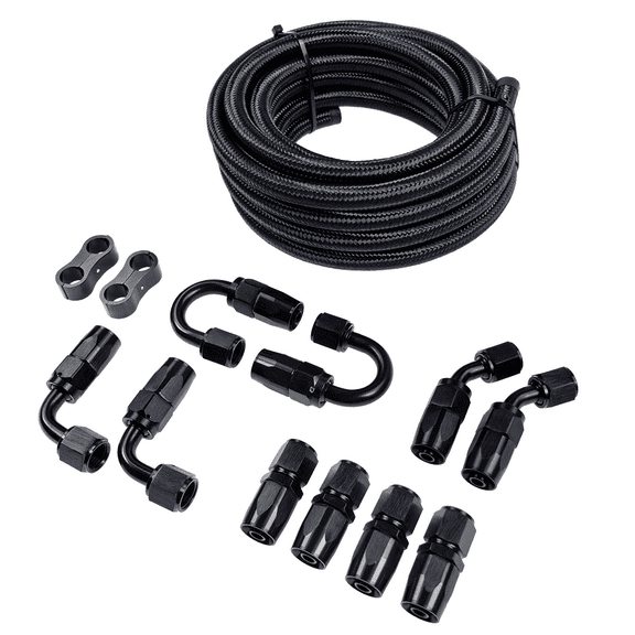 6AN 20FT Fuel Line Kit, Nylon Braided Fuel Line Hose Fitting Kit | Nylon Stainless Steel Braided CPE Fuel Oil Hose w/ 10PCS Swivel Fitting Adapter Black