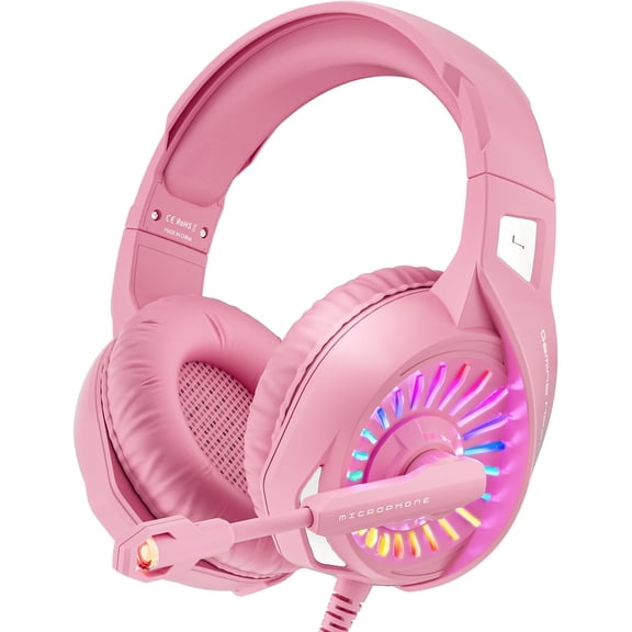 Z20 Pink Gaming Headset with Microphone, Compatible PS4 PS5 Xbox One PC Laptop, Over-Ear Headphones LED RGB Light, Noise Canceling Mic, Stereo Surround Sound (Pink)