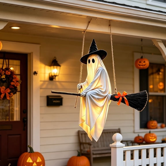 Z52LingLing Decoration 5 Foot Halloween Hanging Flying Ghost Witch Hat Broomstick LED Light Up Decor
