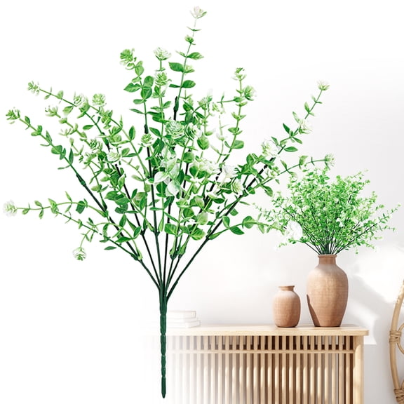 Z52LingLing Decoration 7-Prong Artificial Camellia with Eucalyptus (white-green F) for Sunny Patio Terracotta Pot, Cheerful and Durable Faux Flower