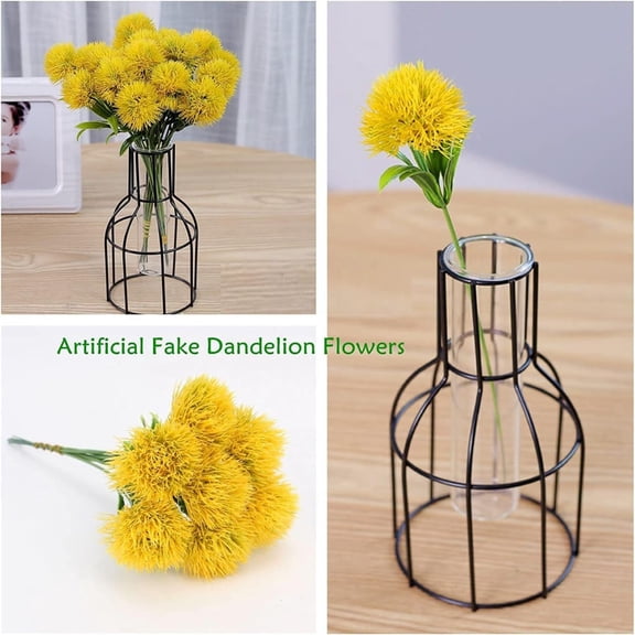 Z52LingLing Decoration Artificial Dandelion Bouquet (10-Bundle Set) in Yellow for Rustic Woven Basket on Picnic Table, Cheerful Decor for All Settings