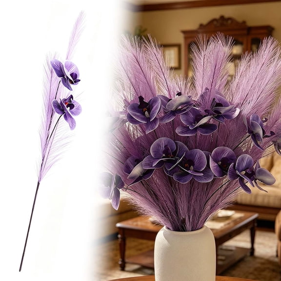 Z52LingLing Decoration Artificial Phalaenopsis Orchid Branches with Reed and Cattails Faux Flower Spray Stems for Home Hotel Commercial Table Vase Decor (Purple - Style C)
