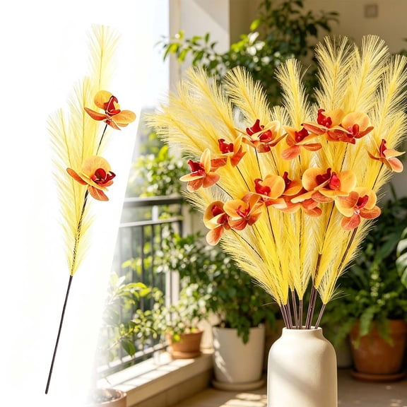 Z52LingLing Decoration Artificial Phalaenopsis Orchid Branches with Reed and Cattails Faux Flower Spray Stems for Home Hotel Commercial Table Vase Decor (Yellow - Style D)