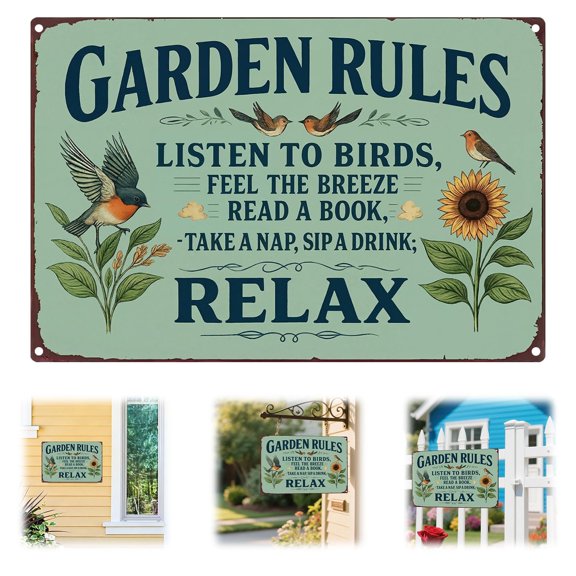 Z52LingLing Rustic Metal Garden Rules Sign Distressed Sunflower Bird Wall Art