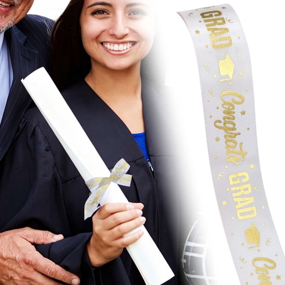 Z52LingLing Decoration "Congrats Grad" Satin Graduation Ribbon (Model B), 6cm Gold Foil Print Trim for DIY Crafts & Bouquets