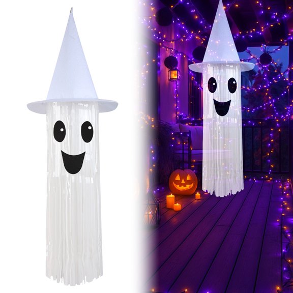 Z52LingLing Decoration Halloween Glowing Ghost Hanging Decoration LED Light Tassel White Witch Hat