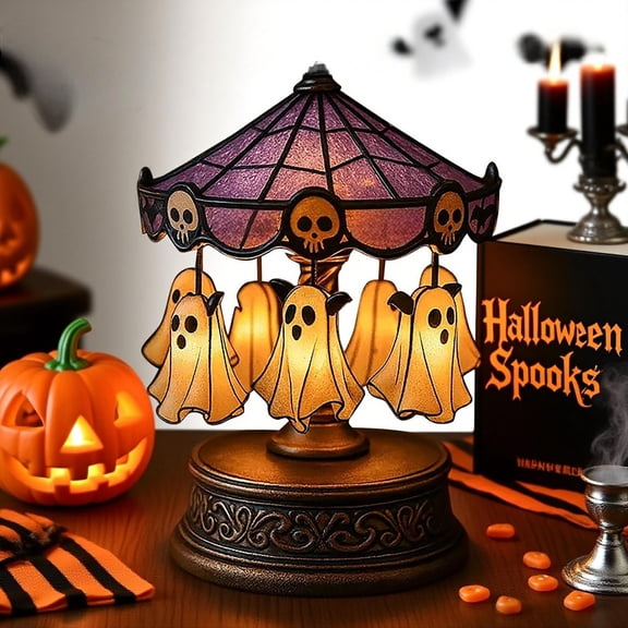 Z52LingLing Decoration Halloween Rotating Ghost Carousel Night Light Ornament Button Battery Operated
