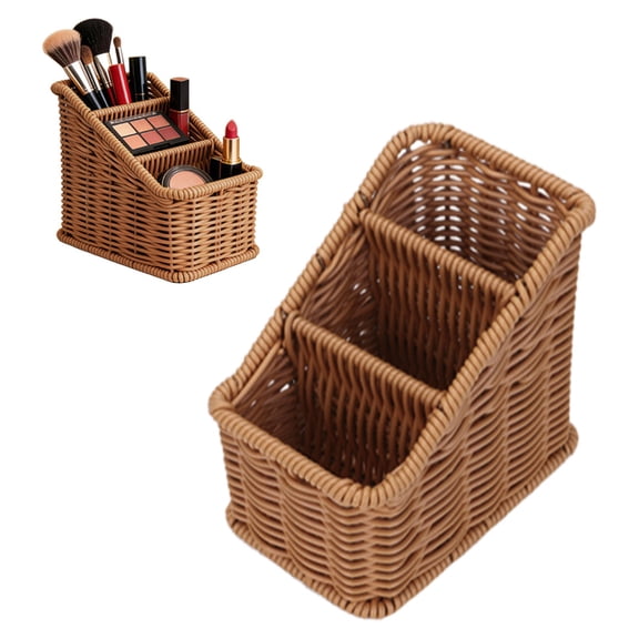 Z52LingLing Decoration Handwoven Wicker Remote Control Holder Multi Compartment Desktop Organizer Basket Farmhouse Utensil Caddy for Home Office (Brown)