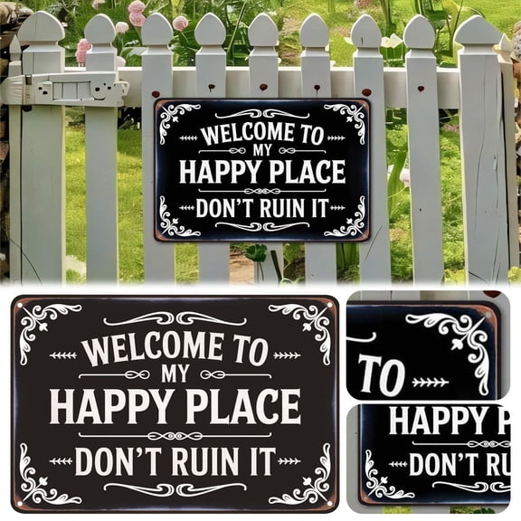 Z52LingLing Decoration "Happy Place" Tin Sign (14x20cm) – Humorous "Welcome to My Happy Place" Metal Plaque for Garden & Fence