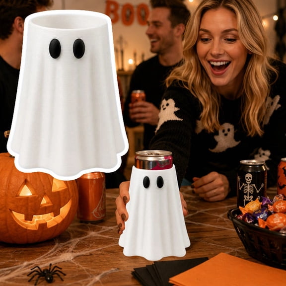 Z52LingLing Decoration 1-Pack Freestanding Ghost Drink Sleeve, Insulated White Halloween Can Cooler Holder with Stable Base for Bar