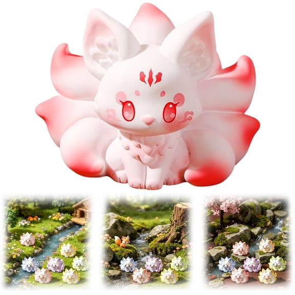 Z52LingLing Decoration Miniature Red Nine-Tailed Fox Resin Figurine Mystical Fairy Tale Desktop Ornament