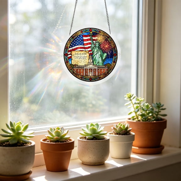 Z52LingLing Decoration Patriotic Statue of Liberty Acrylic Puzzle Suncatcher Model C, DIY Rainbow Maker Window Hanging Sign for 4th of July Decor