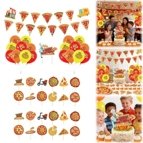 Z52LingLing Decoration Pizza-Themed Party Decoration Set  Paper Flag, 24 Insert Flags, 1 Large Insert Flag, and 18 Balloons