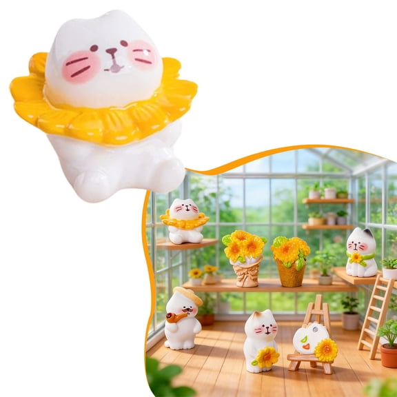 Z52LingLing Decoration Sunflower-Seed Cat with Flower Collar Miniature in Micro-Landscape - Resin Sweet Decor for Desk, Terrarium, Dollhouse, or Diorama