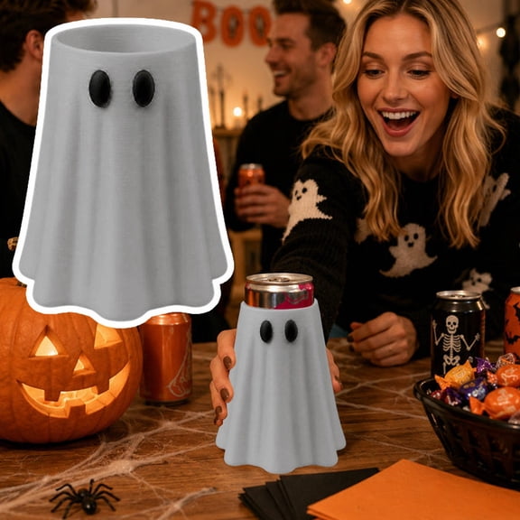 Z52LingLing Decoration 1-Pack Freestanding Ghost Drink Sleeve, Insulated Gray Halloween Can Cooler Holder with Stable Base for Bar