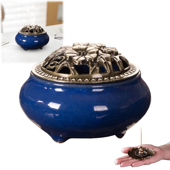 Z52LingLing Decoration dark blue 10x7 Incense Burner - Kiln Transformed Ceramic Censer with Alloy Lid for Home Aromatherapy
