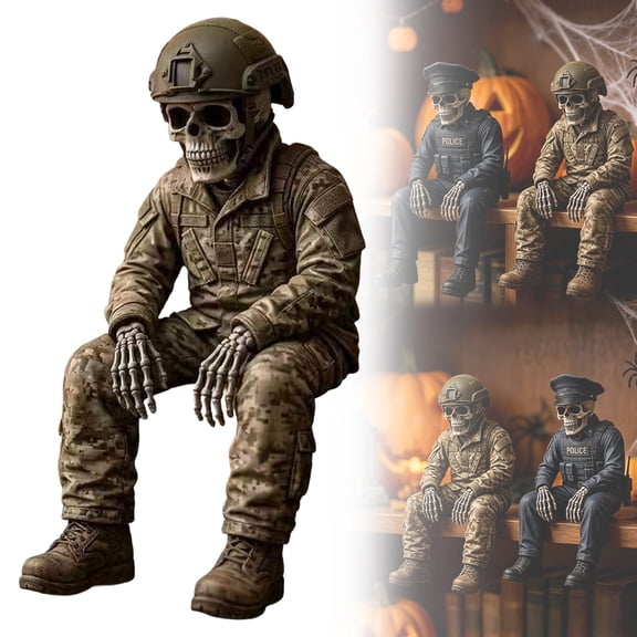 Z52LingLing Detailed Resin Camouflage Soldier Skeleton Figurine Halloween Table Decor Style B