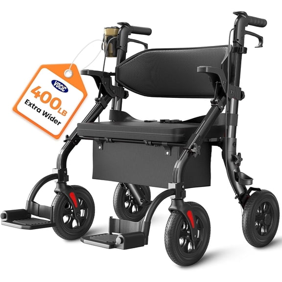 Z59 2-in-1 Bariatric Rollator, 400lb Extra-Wide Seat & 10" All-Terrain Wheels, Senior Mobility Combo-Black