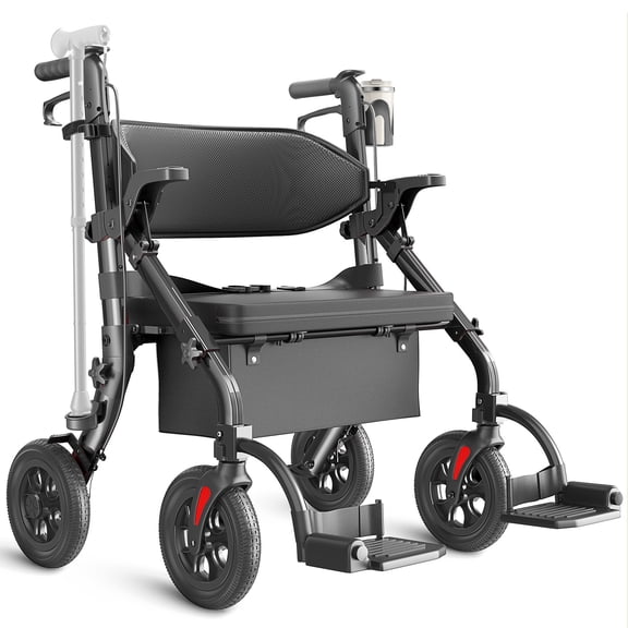 2-in-1 Bariatric Rollator, 400lb Extra-Wide Seat & 10" All-Terrain Wheels, Senior Mobility Combo-Black