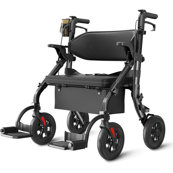 Z59 2-in-1 Bariatric Rollator, 400lb Extra-Wide Seat & 10" All-Terrain Wheels, Senior Mobility Combo-Black