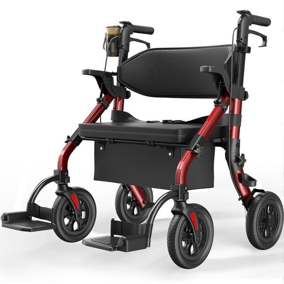 2-in-1 Bariatric Rollator, 400lb Extra-Wide Seat & 10" All-Terrain Wheels, Senior Mobility Combo-Red