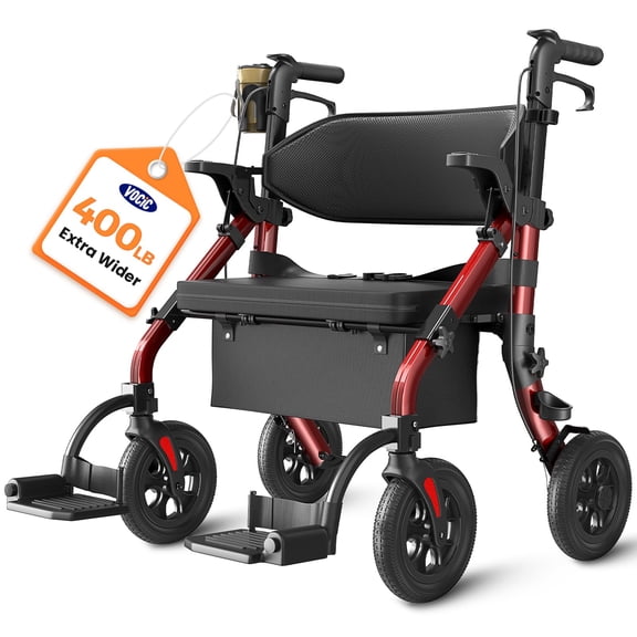 VOCIC Z59 Heavy Duty 2 in 1 Walker Wheelchair Combo, 400 Lbs, Extra-Wide Seat & 10" All-Terrain Wheels, Includes Cup Holder, Red