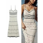 ZABA Women's Beach Style Crochet Hollow Slim Sling Sweater Long Dress Fashion Elegant Sleeveless Spaghetti Strap Dresses