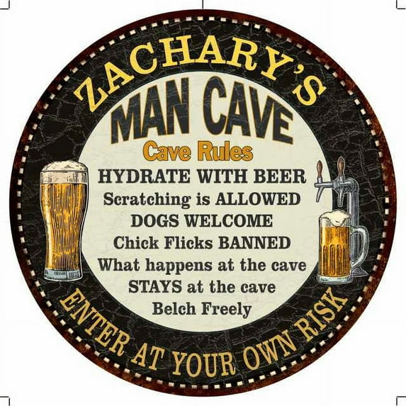 ZACHARY'S Man Cave Rules 12" Round Metal Sign Garage Wall Decor 200120010457