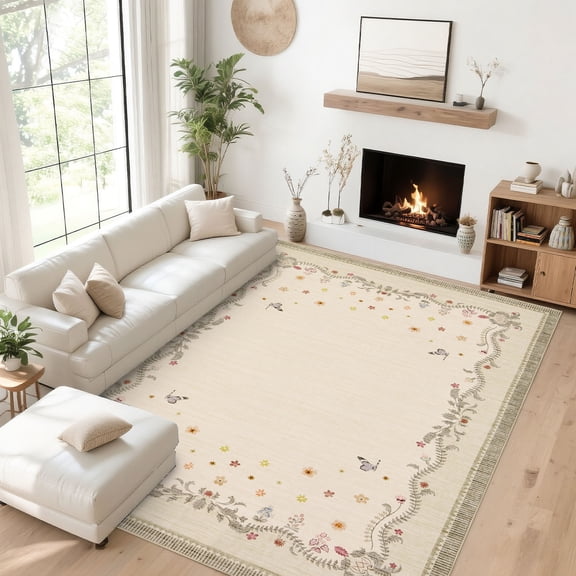 ZACOO 10'x13' Floral Butterfly Border Area Rug for Living Room, Machine Washable Ultra Thin Non Slip Non Shedding Carpet for Dining Room, Beige