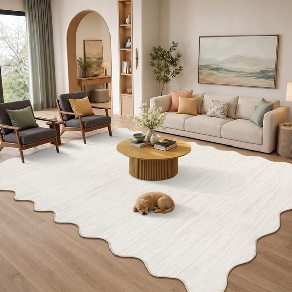 ZACOO 10'x13' Solid Scalloped Edge Area Rug, Machine Washable Ultra Thin Non Slip Carpet for Living Room Dining Room, Beige