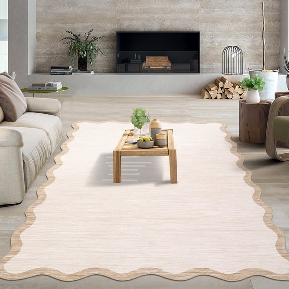 ZACOO 10'x13' Washable Area Rug, Scalloped Solid Striped Ultra Thin Non-Slip Pet Friendly Carpet for Living Room Dining Room, Beige