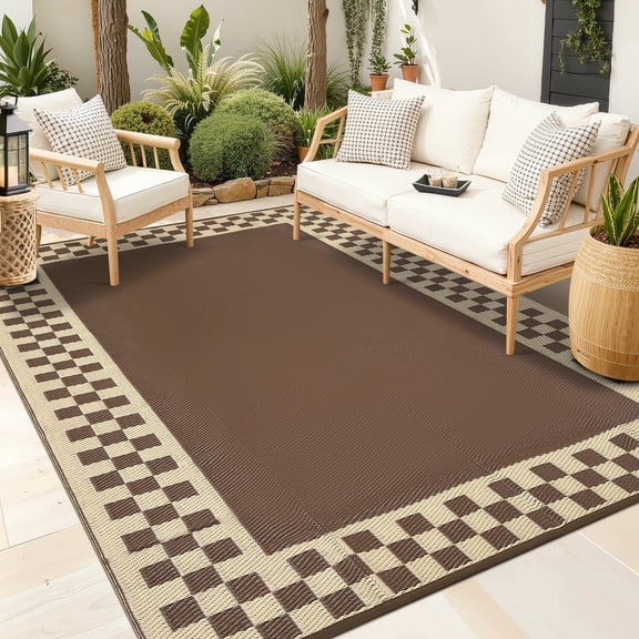 ZACOO 10'x14' Checkerboard Border Outdoor Rug, Waterproof UV Resistant Large Patio Mat for Deck RV, Peony Brown