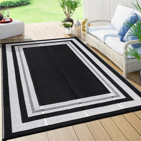 ZACOO 10'x14' Multi-Border Outdoor Rug, Waterproof UV Resistant Patio Carpet with Corner Ties for Patio Deck Balcony RV Beach Use, Black White